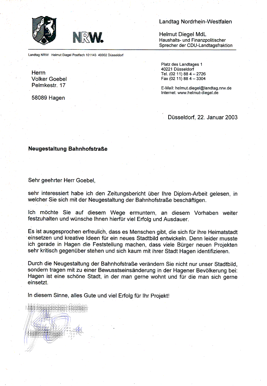 Brief vom Landtagsabgeordneten Herrn Diegel - klick für mehr Infos ...