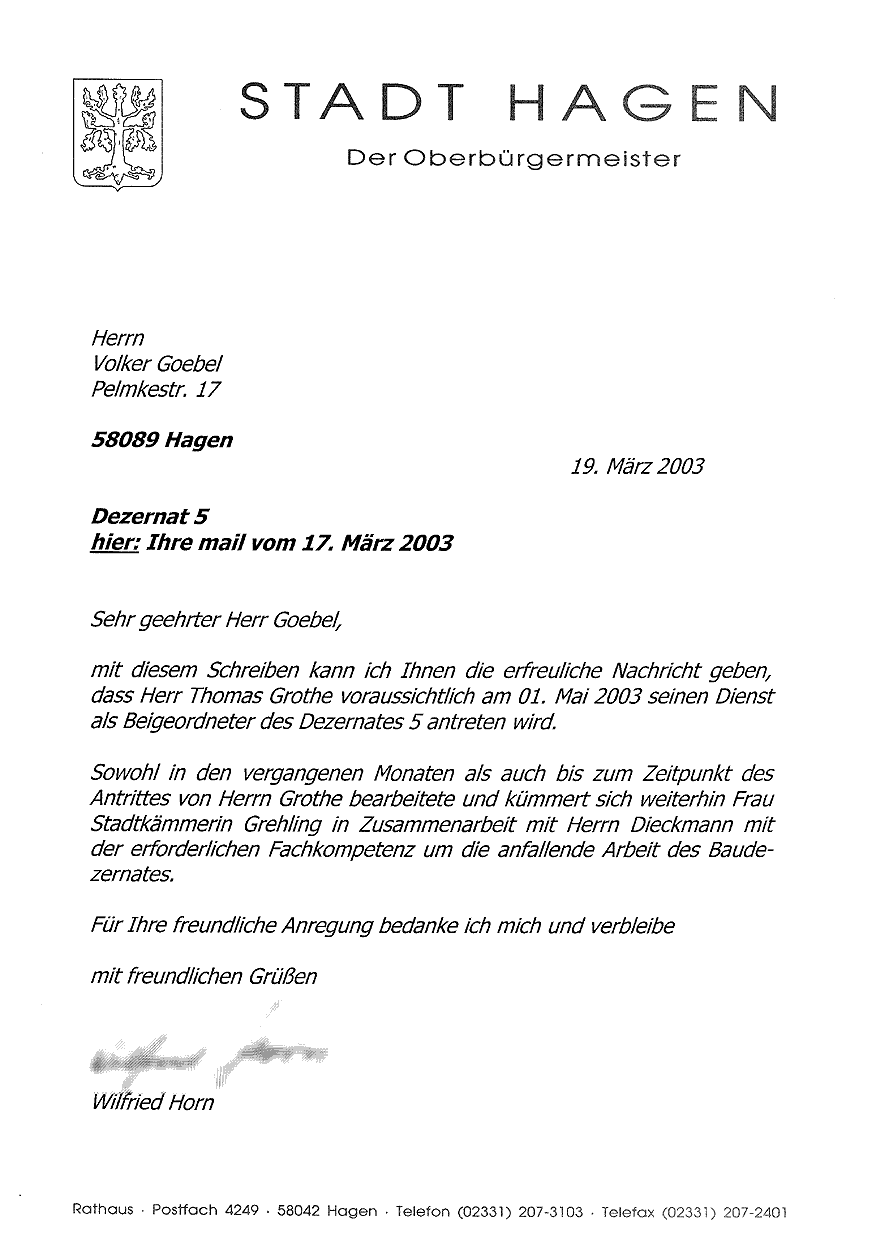 Brief vom Oberbürgermeister Horn